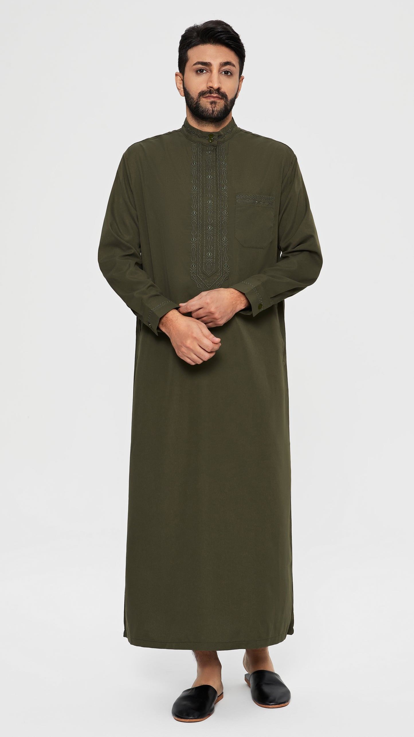 Qamis - Saoudien Kaki avec broderie cravate
