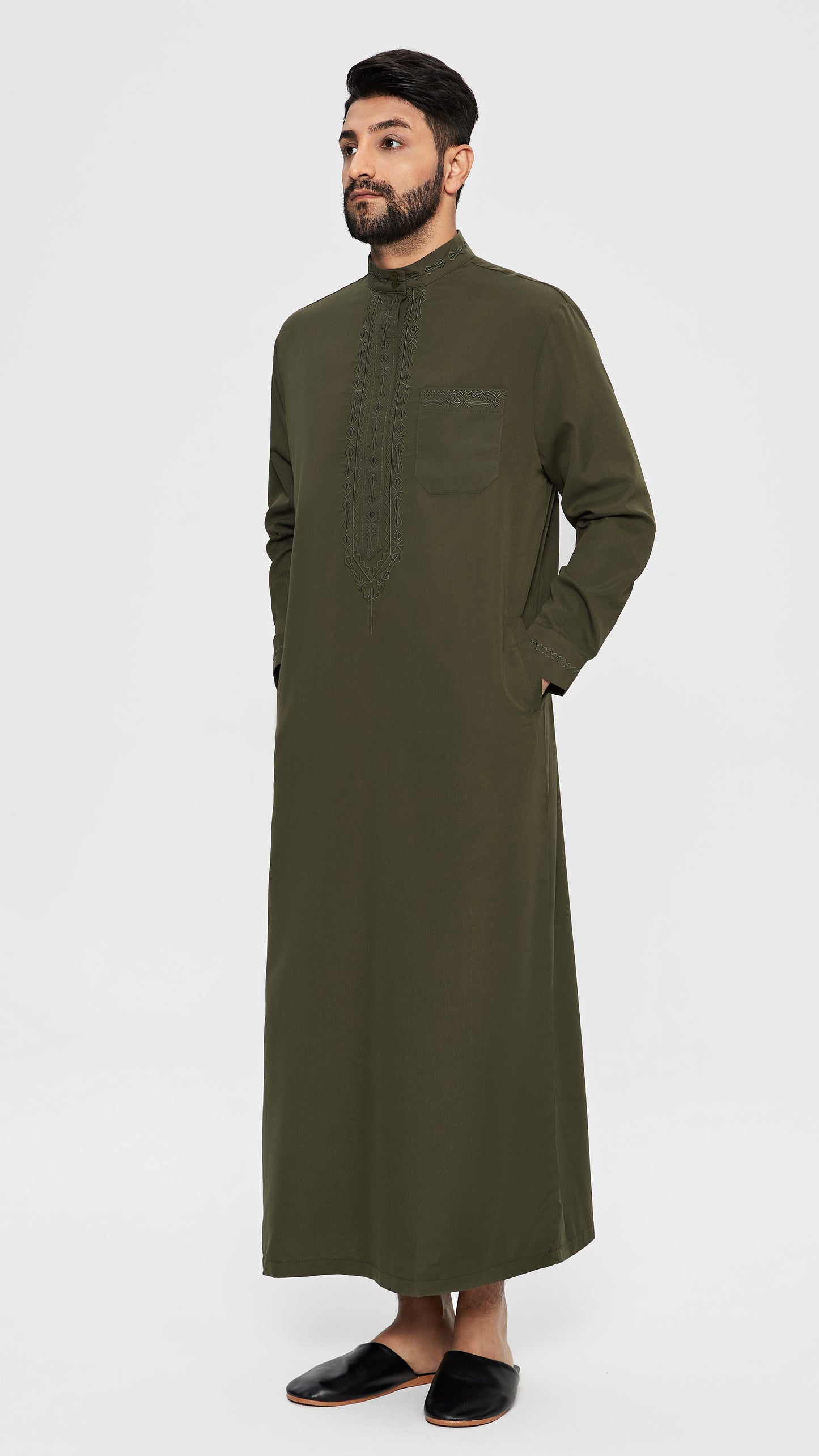  Qamis - Kaki Saudita con ricamo della cravatta.