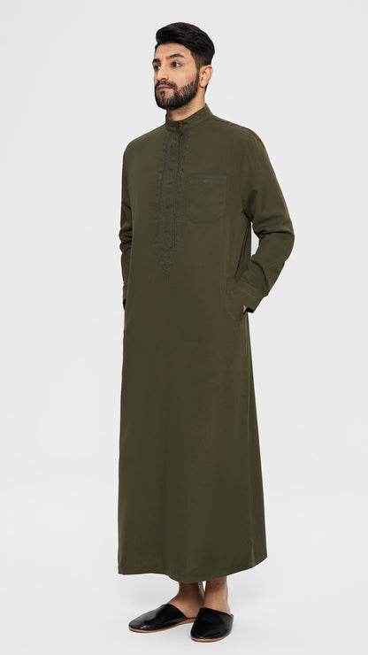  Qamis - Kaki Saudita con ricamo della cravatta.
