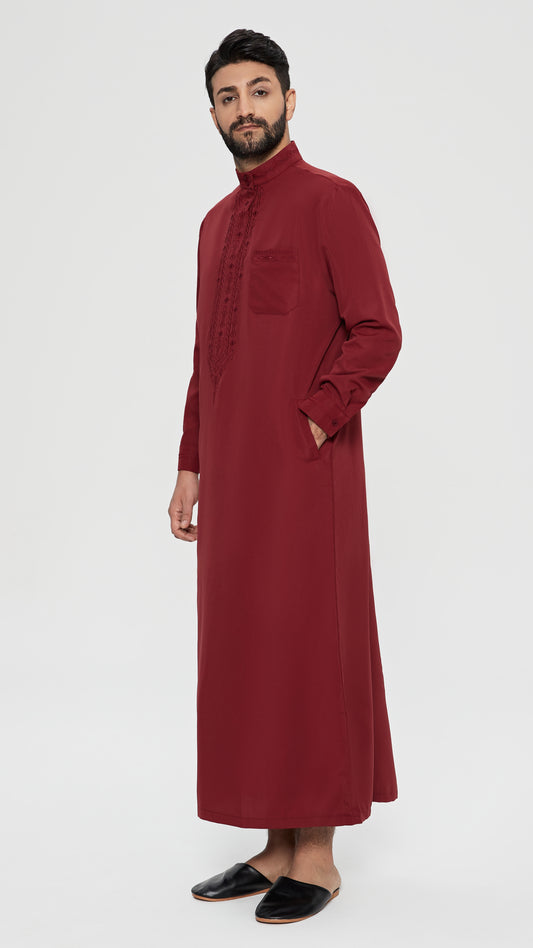 Qamis - Saudi Burgundy with chest embroidery